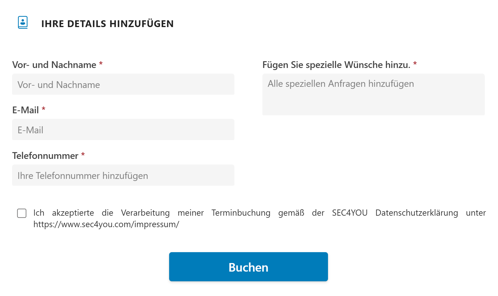 Schritt 3 - Kontaktdaten und Thema ergänzen - Buchung bestätigen