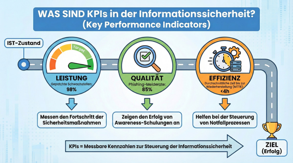 SEC4YOU KPIs Messung in der Informationssicherheit Grafik von dem IST-Zustandt über eine Leistungsmessung zB. 98% über eine Qualitätsmessung z.B,. 85% zu einer Effizient mit Wiederherstellung